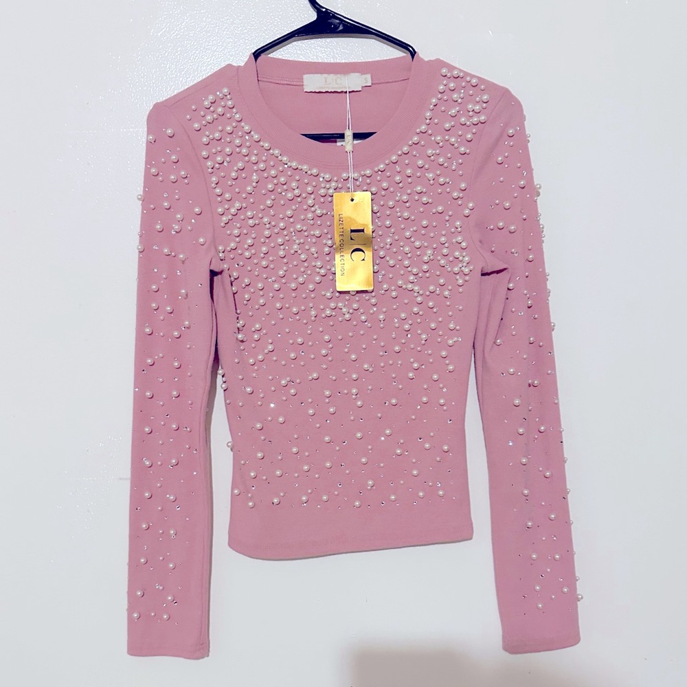 LIZETTE COLLECTION Long Sleeve Studded Pearl Pullover Sweater